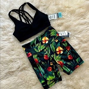 NWT Tropical print bike shorts and sports bra set, size XS